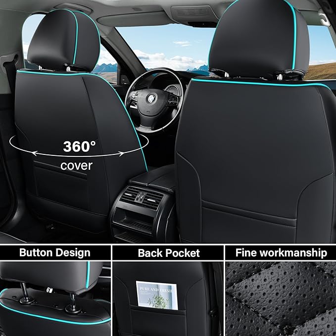 Coverado Leather Seat Covers, Car Seat Covers Full Set, Nappa Leather Seat Covers for Cars, Car Seat Protector Waterproof, Black Car Seat Cover, Universal Seat Cover Fit for Most Cars(Black&Blue)