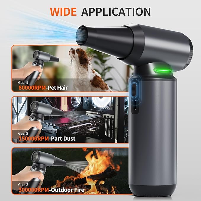 Compressed Air Duster - 300000RPM Brushless Motor Cordless Blower, 8000mAh Rechargeable, 3-Speed Electric Duster for Computer, Keyboard, Car, Home Cleaning