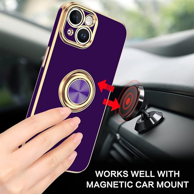 VENINGO Compatible with Apple 14 Case,Phone Case for 14,Slim Fit Soft 360° Ring Holder Kickstand Magnetic Car Mount Supported Easy Clean Shockproof Protective Cover for Apple 14 6.1", Deep Purple