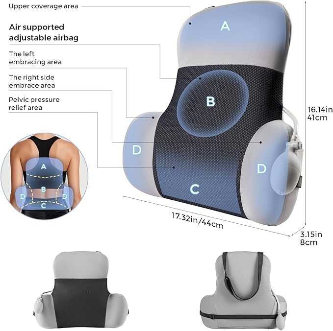 BEBAS Adjustable Air Lumbar Support Pillow for Office Chair, Car & Gaming Chair Memory Foam Back Support for Pain Relief & Posture Correction with Washable Cover, Grey