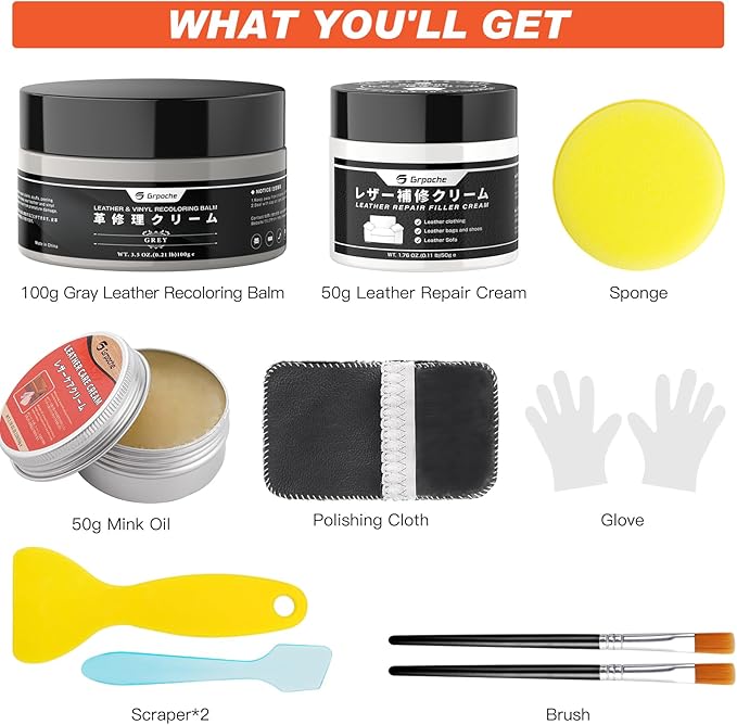 Leather Recoloring Balm Grey, Mink Oil Leather Conditioner & Leather Filler Cream, Leather Repair Kit for Furniture,Vinyl Repair Kit Restore Couches, Car Seats, Purse, Scratch, Peeling, Burn Holes