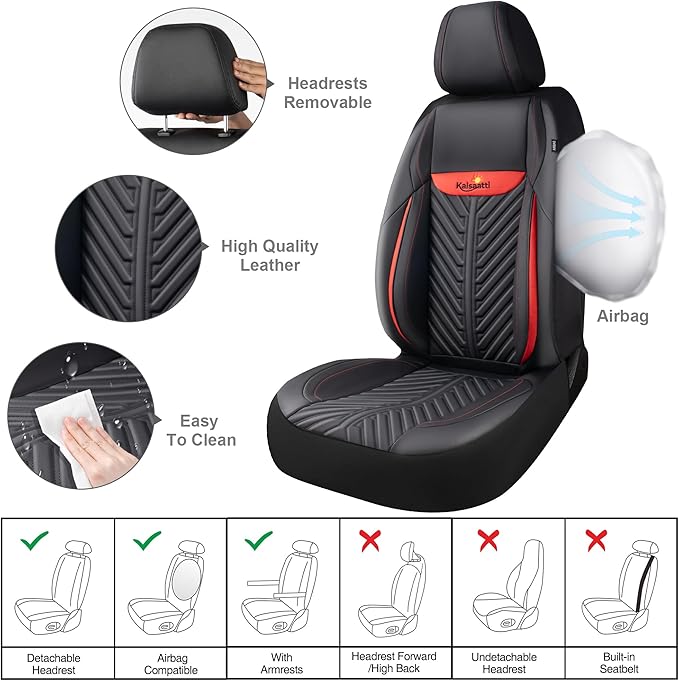 PU Leather Car Seat Covers Front Set – Waterproof seat Cover for Cars，3D Foam Support Automotive seat Covers ，Airbag Compatible, Universal Fit for Cars SUVs Trucks Sedans（Black/Red）