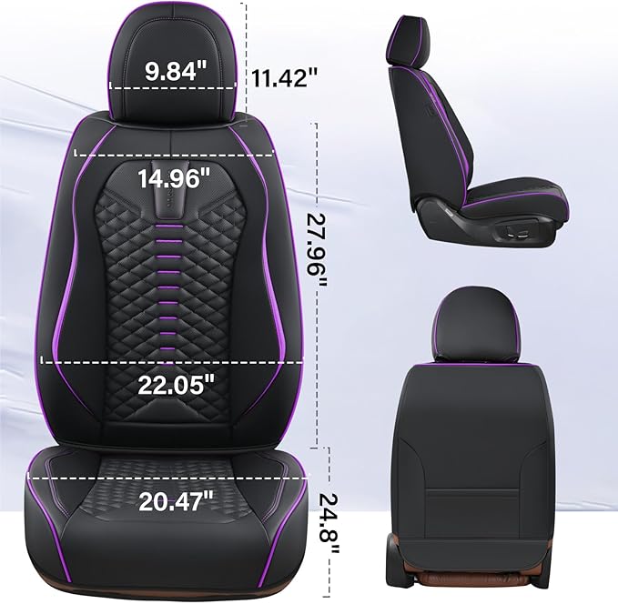 Coverado Car Seat Covers Front Seats, Nappa Leather Black&Purple Car Seat Cover, Automotive Seat Covers, Waterproof Driver Seat Protector, 2 Pack Front Seat Cover Car Seat Cushion Fit for Most Cars