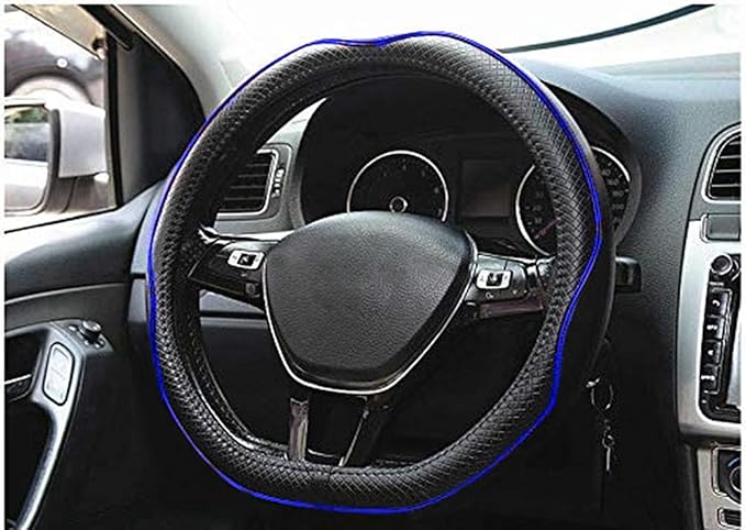 Mayco Bell Flat Bottom Steering Wheel Cover Anti-Slip,Safety,Soft,Breathable,Durable,Full Surround,Comfortable Grip Microfiber Leather (D Shape, Black Dark Blue)