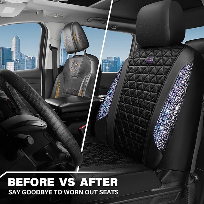 CAR PASS Bling Diamond Air Mesh Seat Cover Front Seats,Leather Seat Covers for Car Shining Glitter Sparkly,Automotive seat covers Universal Fit SUV Truck Cute Women Girl,Bedazzed Iridescent Rhinestone