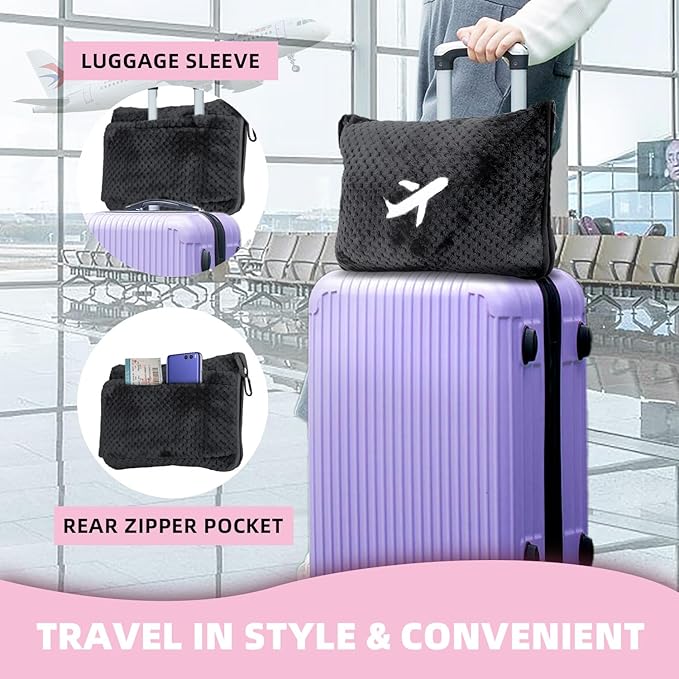 3 in 1 Travel Blanket Pillow Set - 350 GSM Thick Travel Blanket Airplane Compact with Bag, Soft Bag with a Pocket, Inflatable Travel Pillow for Camping & Car Trip (Dark Grey)