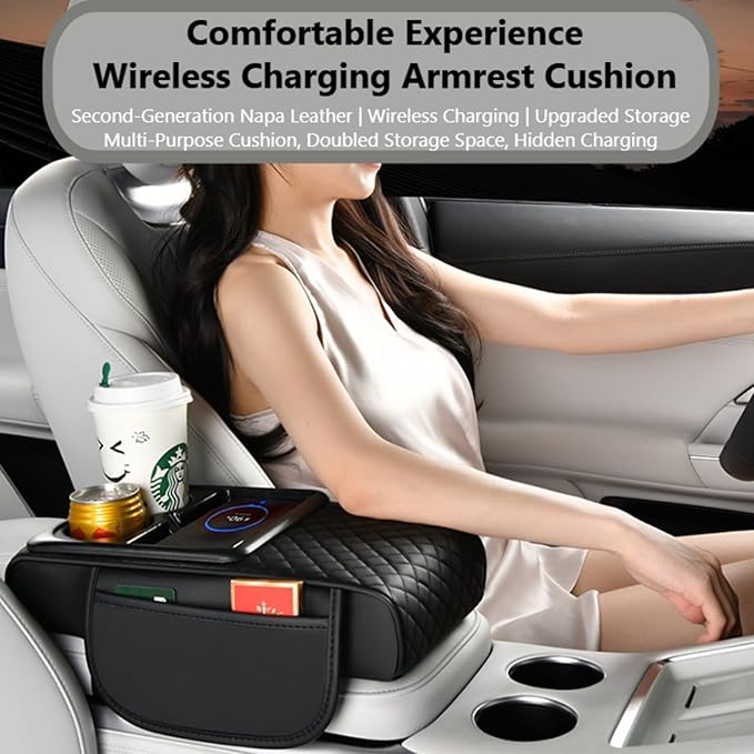 Car Armrest Pad with Built-in Induction Charging, Leather Center Console Cushion with 15W Power Pad, Dual Cup Holders, Storage Pockets - Orange