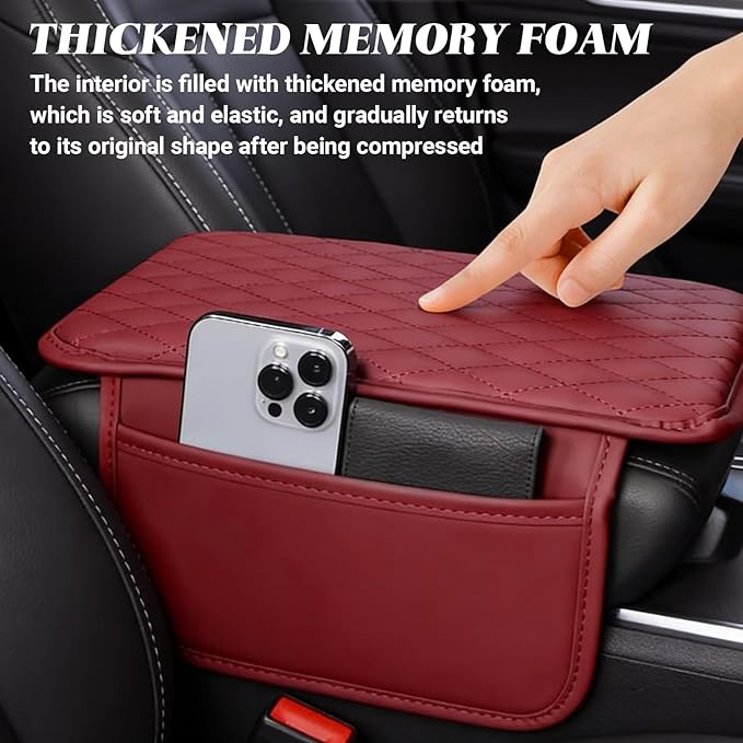 Car Center Console Cover, Upgraded Microfiber Car Armrest Cover Cushion, with 2 Storage Bags Scratch, Resistant Leather Cars Armrest Storage Box Universal Vehicles Accessories (Red)
