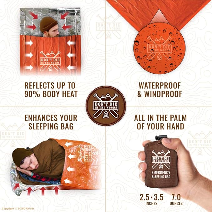 Don’t Die in The Woods - Emergency Sleeping Bag with Hood - Made with Extra Thick Thermal Mylar - 10 Essentials Hiking Camping Blanket, Survival Gear Tactical Car Disaster Bug Out First Aid Kits
