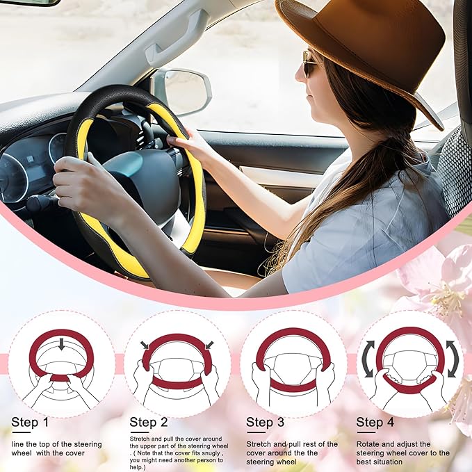 SuperKaKa Car Steering Wheel Cover 2025, Universal Auto PU Cute Breathable Slip-Proof Comfort Imitation Leather Protector Cars Interior Accessories for Women Men Fit Most Vehicle (Yellow)