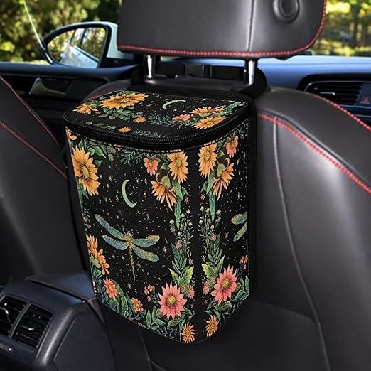 BIGCARJOB Dragonfly Car Trash Can Bin, Leak Proof Moon Floral Dragonfly Car Trash Bag, Hanging, Vehicle Trash Can for SUV Truck Van