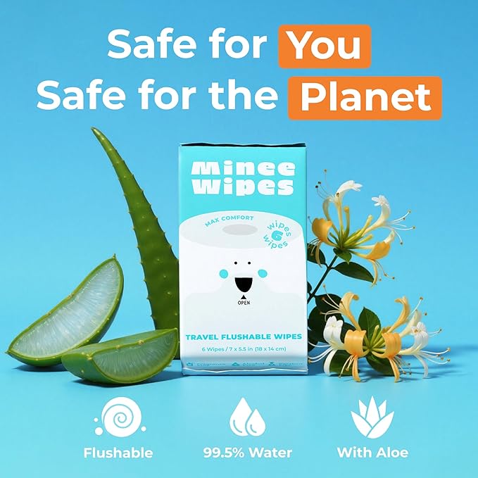 Impossibly Compact Travel Flushable Wipes - 99.5% Water and Aloe - Safe for Sensitive Skin & Hypoallergenic - Travel Essentials for Adults, Kids & Babycare, Unscented, 8 Pack 48 Wipes