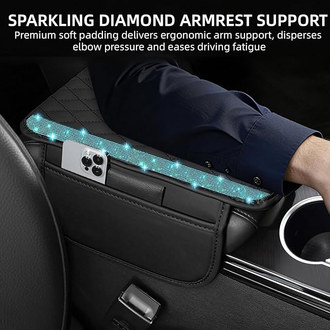 NBTEPEM Bling Car Center Console Cover, Leather Car Arm Rest Cover Cushion with 2 Storage Bags, Universal Auto Armrest Protector Storage Box, Bling Accessories Interior for Most Vehicles (Aquamarine)