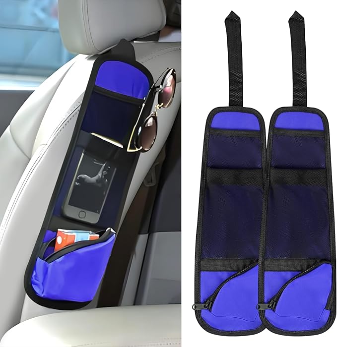 Hovom 2PCS Car Seat Storage Hanging Bag, Multi-Pocket Auto Seat Side Organizer, Multifunctional Mesh Pocket Auto Front Seats Organizer for Phone Wallet Glasses, Universal Car Accessories (Blue, 2PCS)