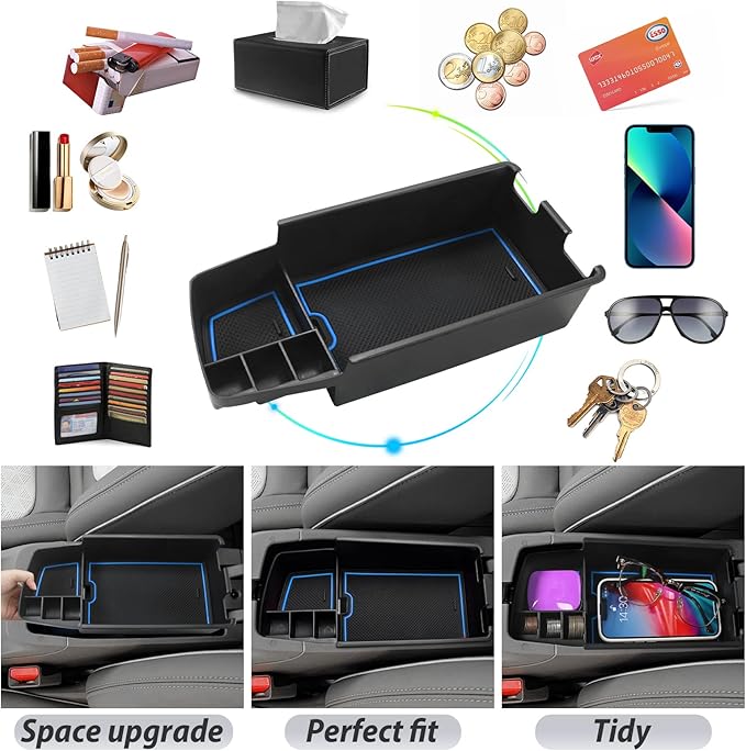 SKTU for 2022 2023 Chevrolet Bolt EUV EV Center Console Organizer Insert ABS Black Materials Tray Armrest Secondary Storage Box Latest 2023 Bolt EUV EV Accessories with Coin Holder (Blue)