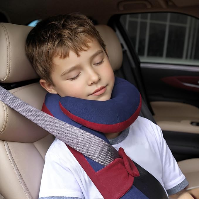 Kids Travel Neck Pillow, Toddler Travel Pillow for Car & Airplane and Head & Chin Support, Comfortably Travel Neck Pillow for Road Trip Sleeping, Gifts for Toddler/Child/Kids (Wine Red & Dark Blue)