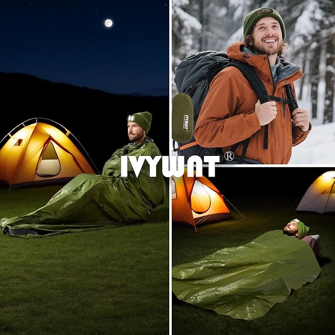 Emergency Sleeping Bag & LED Beanie Hat Set, Waterproof Thermal Mylar Bivy Sack, Portable Survival Gear for Hiking, Camping, Bug-Out Bags & Emergency Kits