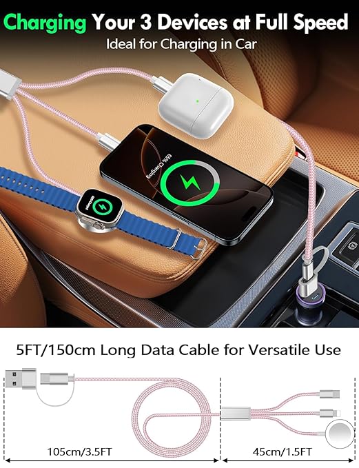 2Pack Multi Charging Cable Cord for Travel Essentials,Apple Watch Charger,iPhone Charger,[3-in-2] Type C/Lightning Cable Portable Designed for iWatch,iPhone 17-8,Galaxy S25-21,AirPods,iPad-1.5M Pink