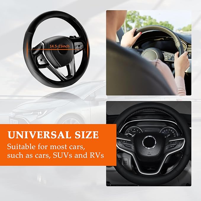 Ziciner Steering Wheel Cover, Soft Leather Premium Durable Elastic Auto Wheel Cover Protector, Stretch Breathable Anti-Slip Lining, Universal 14.5-15 inch Car Interior Accessories (Black)