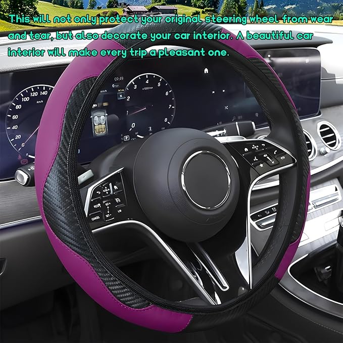 Car Steering Wheel Cover, 15 inch Carbon Fiber Microfiber Leather Elastic Steering Wheel Protector, Breathable Anti-Slip Comfortable Steering Wheel Covers for Most Cars (Black&Purple)