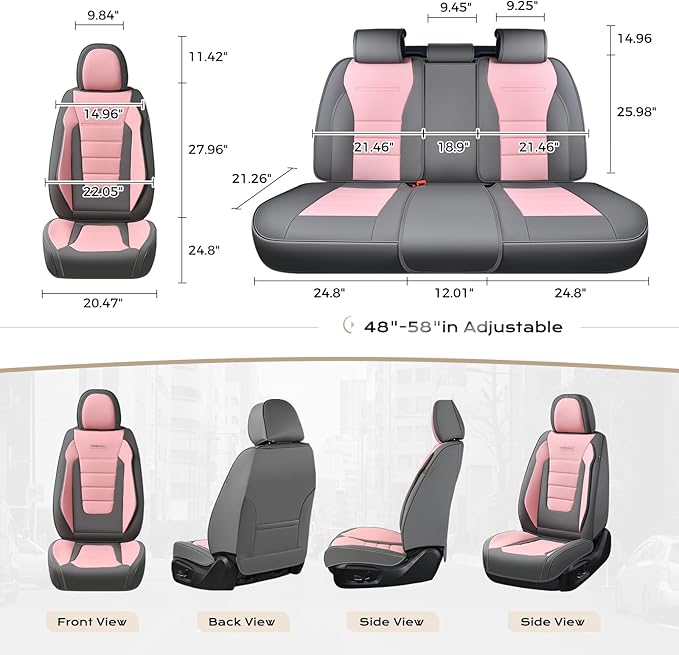 Coverado Car Seat Covers Full Set, Nappa Leather Seat Covers for Cars, Car Seat Protector Car Seat Cushion, Front and Back Seat Protectors Cushions Universal Fit for Most Cars Vehicles(Gray&Pink)
