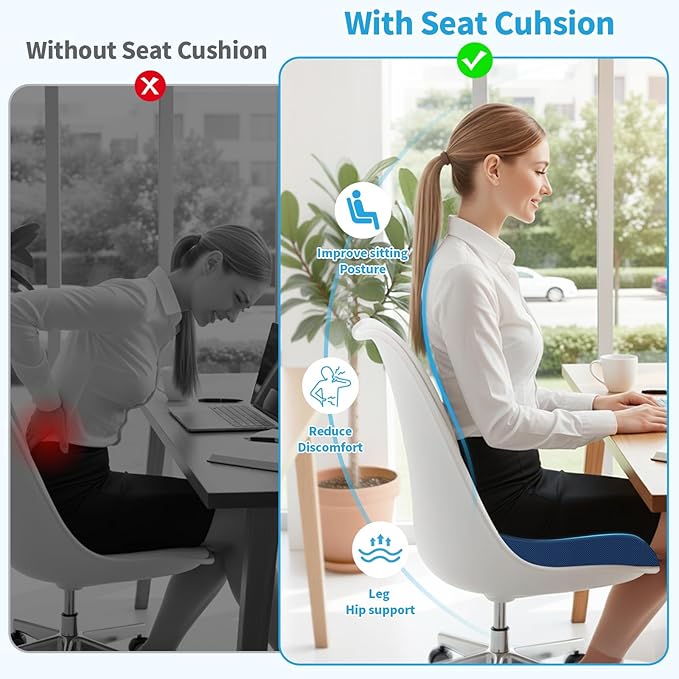 XLarge Seat Cushion, Memory Foam Cushion for Long Sitting Hours on Office Chair, Home & Car, Non-Slip Chair Pad for Relieving Back & Sciatica & Hip & Coccyx Pain (Blue)