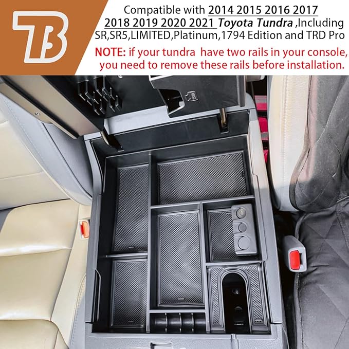TACOBRO Center Console Organizer Compatible with 2014-2017 2018 2019 2020 2021 Tundra Accessories, Crewmax Interior Armrest Underseat Storage Box- Full-coverage Insert Tray, Black Trim