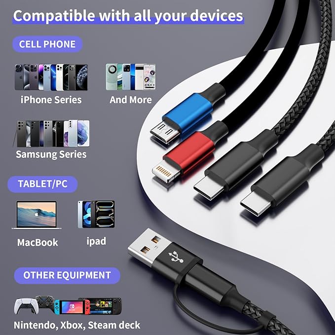 Travel 4 in 2 Charging Cable with Dual Type-C Port, USBA/C Multi Charging Cable Cords for Multiple Devices, Multiple Phone Charger Cord for iPhone17-8, Android, iPad, Car Accessories (3Packs 5FT)