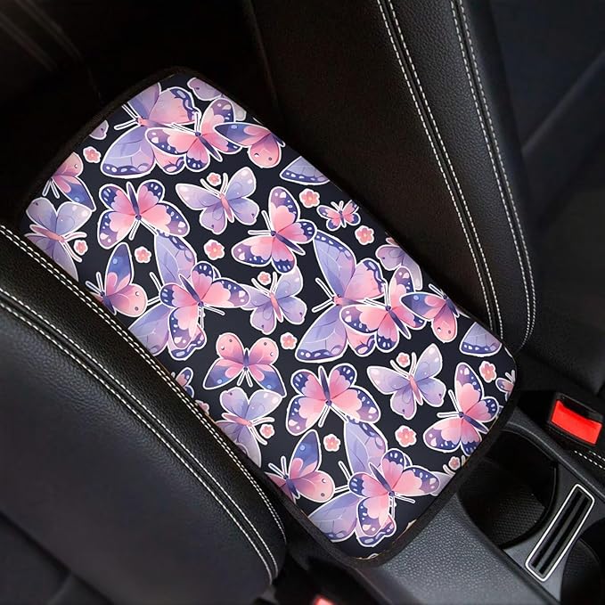 Colorful Butterfly Console Center Armrest Lid Cover Protector Car Armrest Storage Box Mat Interior Accessories for Most Vehicle, SUV Christmas Decor