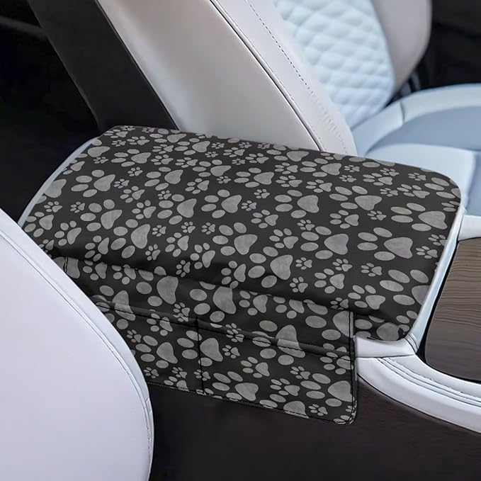 Dreaweet Grey Dog Paw Center Console Armrest Pad Cover Thick Center Console Cover with Pockets Cute Car Accessories for Women Soft Anti-Scratch Arm Rest Cover for Car Center Console Universal Fit