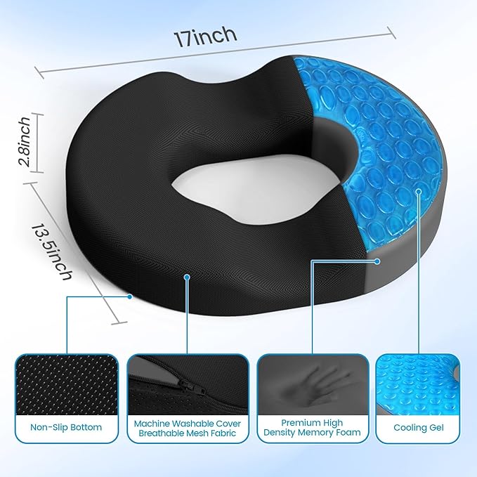 Donut Pillow Seat Cushion - Cooling Gel Outdoor Chair Cushions, Memory Foam Seat Cushion for Office & Home, Car Seat and Patio Furniture Cushions, Hemorrhoids Pillow and Tailbone Pain Relief, Black