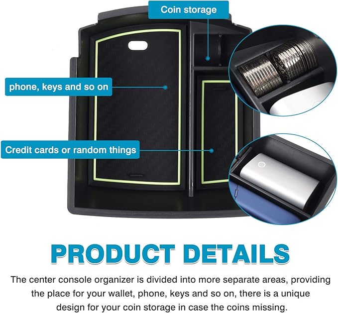 Autorder Center Console Organizer for Hyundai Kona 2018-2021 2022 2023 Accessories Armrest Storage Box Secondary Insert Tray with 3 Color Mats (Not for Kona EV)