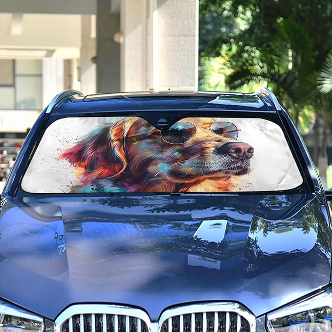 Funny Golden Retriever Dog Windshield Sunshade Car Sun Shade Blocks UV Rays Visor Protector Accordion Folding Sun Reflector Auto Sunshade for Truck SUV