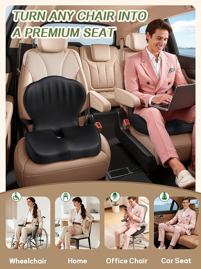 Benazcap Memory Foam Seat Cushion with Lumbar Support Pillow for Office Chair, Car & Gaming Seat, Wheelchair, Ergonomic Design for Sciatica & Tailbone Pressure Relief, Black