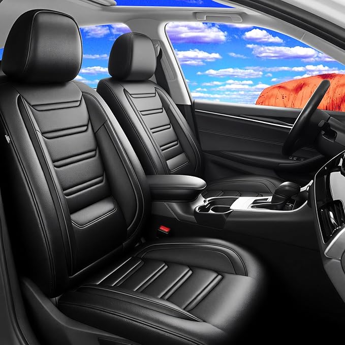Fit RAV4 Car Seat Covers (Front Pair) for Select Toyota RAV 4 2013-2025 2026 /RAV4 Hybrid - Premium Full Coverage Leather, Airbag Compatible, Waterproof & All Weather Seat Protector, Black
