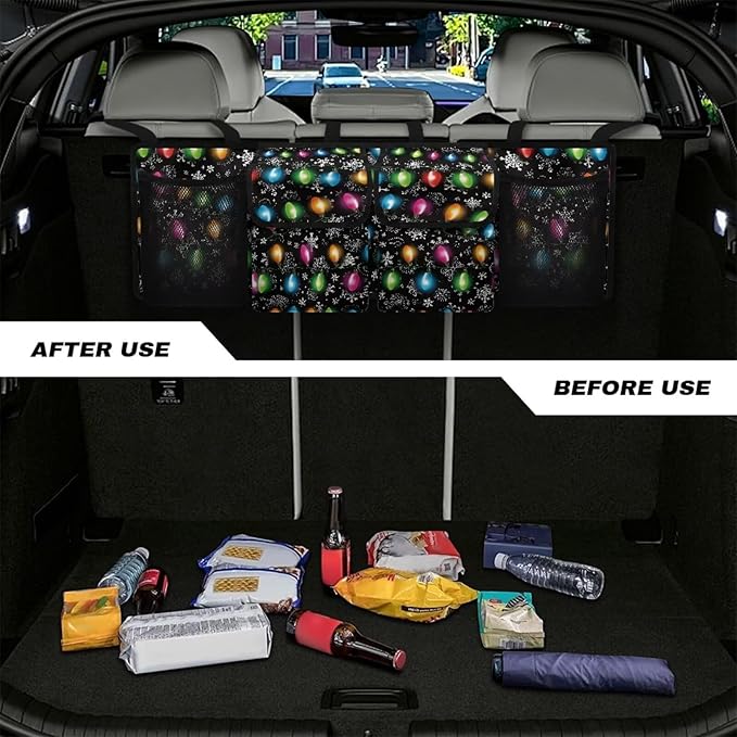 Christmas Light Car Trunk Organizer with 4 Pockets, Hanging Car Backseat Storage Bag with 3 Adjustable Straps, Car Interior Accessories for SUV, Truck,Van