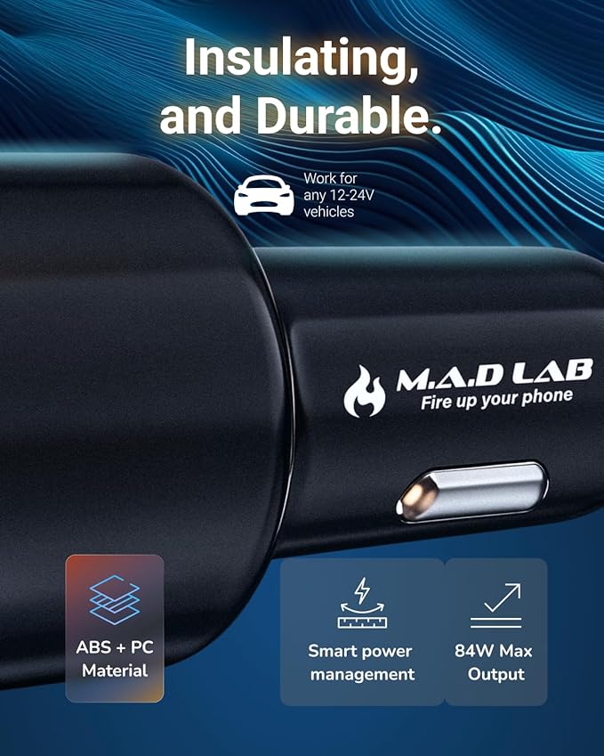 M.A.D Lab 84W Cigarette Lighter USB Charger, Fast Charging PD QC 3.0 Dual 33W USB-C and 18W USB-A, 12V Outlet Car Charger USB C for iPhone 17/16/15/14/13, iPad, Android, Galaxy, Switch and More