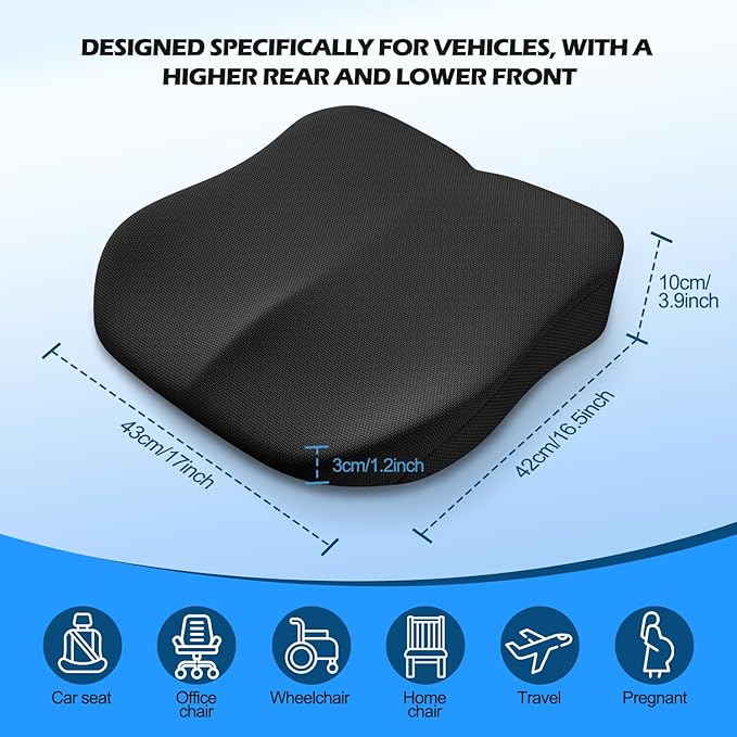 Car Seat Cushion for Driving, Memory Foam Driver Seat Cushion with Lower Back & Tailbone Pain Relief. Automotive Cushion for Car Suitable for Trucks, Sedans, and Other Vehicles