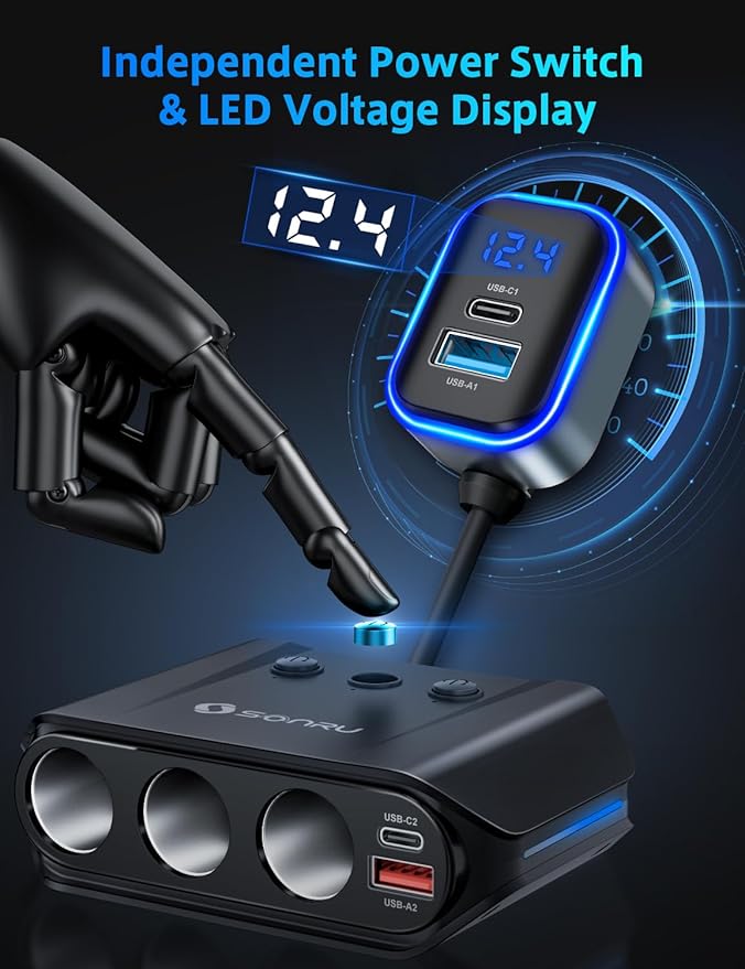7 in 1 Cigarette Lighter Splitter, SONRU 180W (max 192W) 3-Socket Car Cigarette Lighter Adapter with Dual PD 36W/QC3.0 Fast Charging (3.7FT Cable) 12V/24V Independent Switches & LED Voltage Display