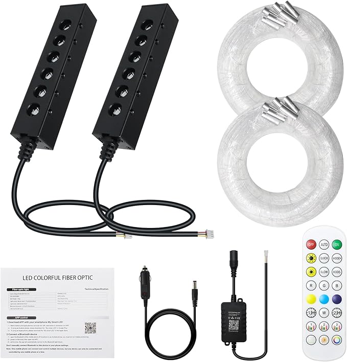 WEBUPAR 2PCS 3.2W 6LEDs Meteor Starlight Headliner Kit, 600pcs 0.01in 6.56ft, RGBW Shooting Stars Fiber Optic Lights with Bluetooth APP Control for Car/Home Theater