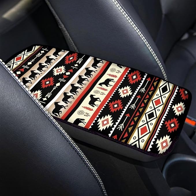 Dreaweet Aztec Ethnic Tribal Horse Car Center Console Cover Southwestern Car Armrest Cover Center Console Cushion Pad Soft Comfy Arm Rest Cover for Car Truck SUV Van