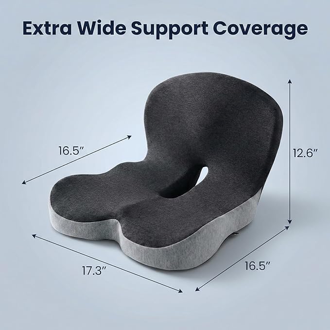 Seat Cushion Memory Foam with Ergonomic L-Shaped Extra Wide Support for Lower Back Relief, Comfort Cushion for Office Chair, Car Seat & Gaming Seat, Helps Sciatica Pain, Posture Improvement (Gray)