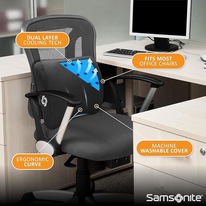 Samsonite Memory Foam Lumbar Support Pillow for Office Chair, Gaming Chair, or Car-Ergonomic Back Cushion-Home Essentials for Sitting Comfort and Posture Relief Back Support with Cooling Gel, Black