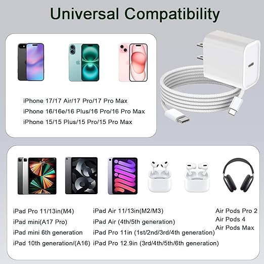 for iPhone 17 Charger, 20W USB C Fast Charging 6.6FT iPhone 16 Charger USB C Woven Cable Cord for iPhone 17/17 Air/17 Pro/17 Pro Max/16/16e/16 Pro/16 Pro Max/15/15 Plus/15 Pro/15 Pro Max/iPad/Air Pods
