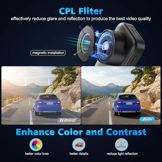 Dash Cam Front and Rear, 4K Dual Dash Cam with CPL Filter, Dash Camera for Cars-5GHz WiFi, 3" IPS Screen Dashcams for Cars with 64GB Card, App Control, Night Vision, Parking Monitor, Support 256GB Max