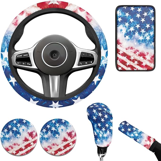 America Flag Print Car Steering Wheel Cover Independence Day Car Accessories Handbrake Cover Cup Coaster Auto Interiors Decor for Men Women 6pcs