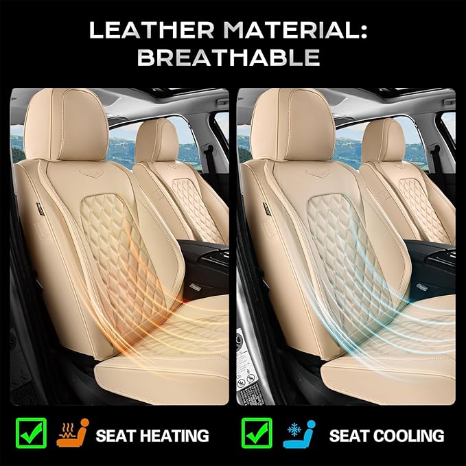 Coverado Full Set Leather Car Seat Covers, Waterproof Faux Leather Seat Covers, Beige Car Seat Protectors, 5 Seats, Universal Fit for Most Cars & SUVs-Beige