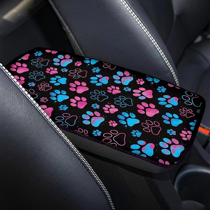 Dreaweet Cute Paw Print Center Console Cover Pad Soft Scratch-Poof Middle Console Covers for SUV Truck Comfort Non Slip Arm Rest for Car Armrest Storage Box Mat