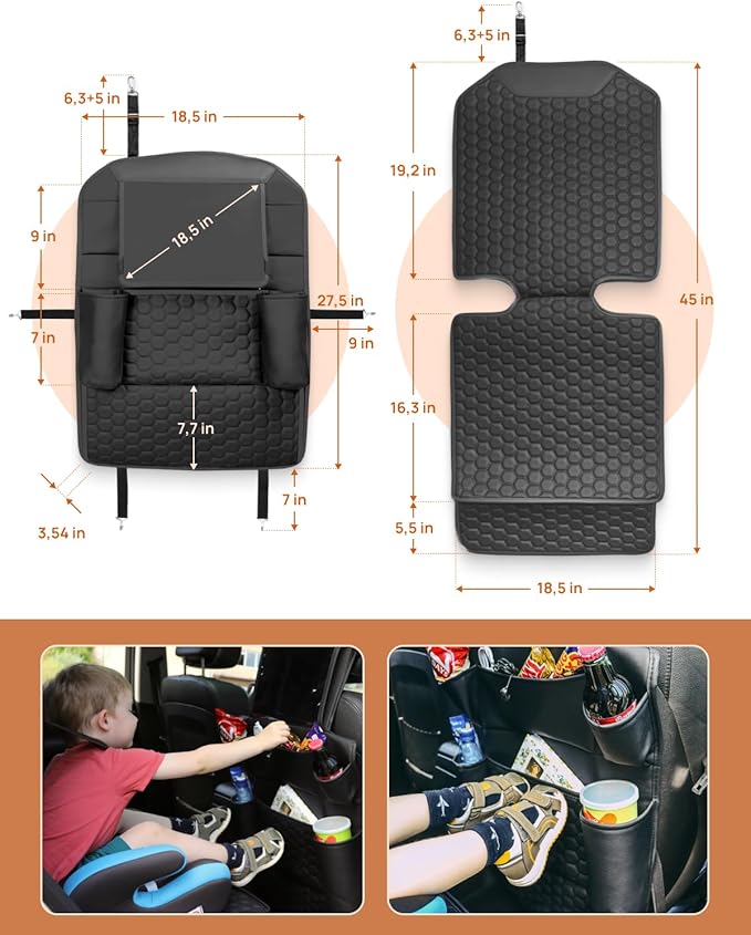 Owleys Set Seat Back Organizer & Car Seat Protector Hexy Waterproof & Non-Slip Protector for Child Car Cushion for Leather and Fabric Seats (Black Set 1)