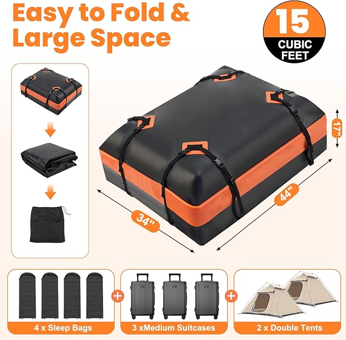 DUMOS Car Rooftop Cargo Carrier 15 Cubic Feet, Car Roof Waterproof PVC Bag, with Anti-Slip Mat,Combination Luggage Lock, Reinforced Straps & Door Hooks,Fit Vehicles with/Without Roof Racks